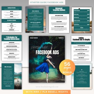 K&ouml;nnte beinhalten: Ein blaugr&uuml;nes und wei&szlig;es Handbuch mit dem Titel "Starter Guide Facebook Ads" und einer Frau in einem blauen Kleid, die mit gr&uuml;ner und blauer Farbe tanzt. Das Handbuch umfasst 56 Seiten plus einen Bonus und beinhaltet MRR/PLR-Weiterverkaufsrechte.