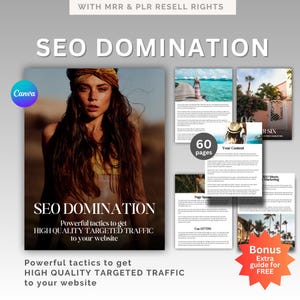 May include: A digital product cover featuring a woman with long brown hair and a yellow top. The cover text reads "SEO Domination: Powerful tactics to get HIGH QUALITY TARGETED TRAFFIC to your website". The cover also includes a bonus guide for free.