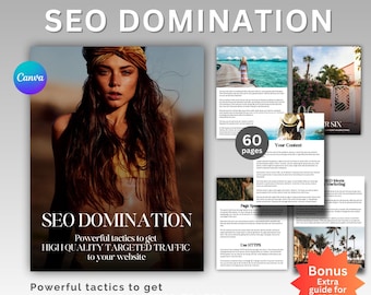 Könnte beinhalten: Ein digitales Produktcover mit einer Frau mit langen braunen Haaren und einem gelben Oberteil. Der Covertext lautet "SEO Domination: Leistungsstarke Taktiken, um hochwertigen, gezielten Traffic auf Ihre Website zu bekommen". Das Cover enthält außerdem einen kostenlosen Bonusleitfaden.