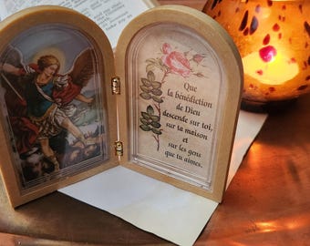Vintage Saint Michael Archangel Wood Diptych French Blessing Catholic Devotional Prayer Shrine Icon Art