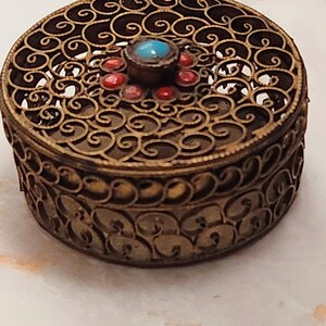 Rare Nepalese Lazuli Tibetan Trinket Box with Brass Filigree, Turquoise & Coral Style Boho Copper Bronze Brown Utility Petite Bedroom Vanity