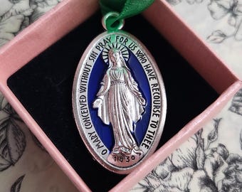 Vintage Style Blue Miraculous Medal Virgin Mary Catholic Pendant Estate New Religious Jewelry Gift Charm