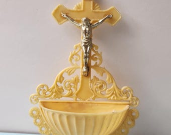 Vintage Plastic Crucifix Holy Water Font Catholic Wall Hanging Hong Kong Religious Devotional Decor
