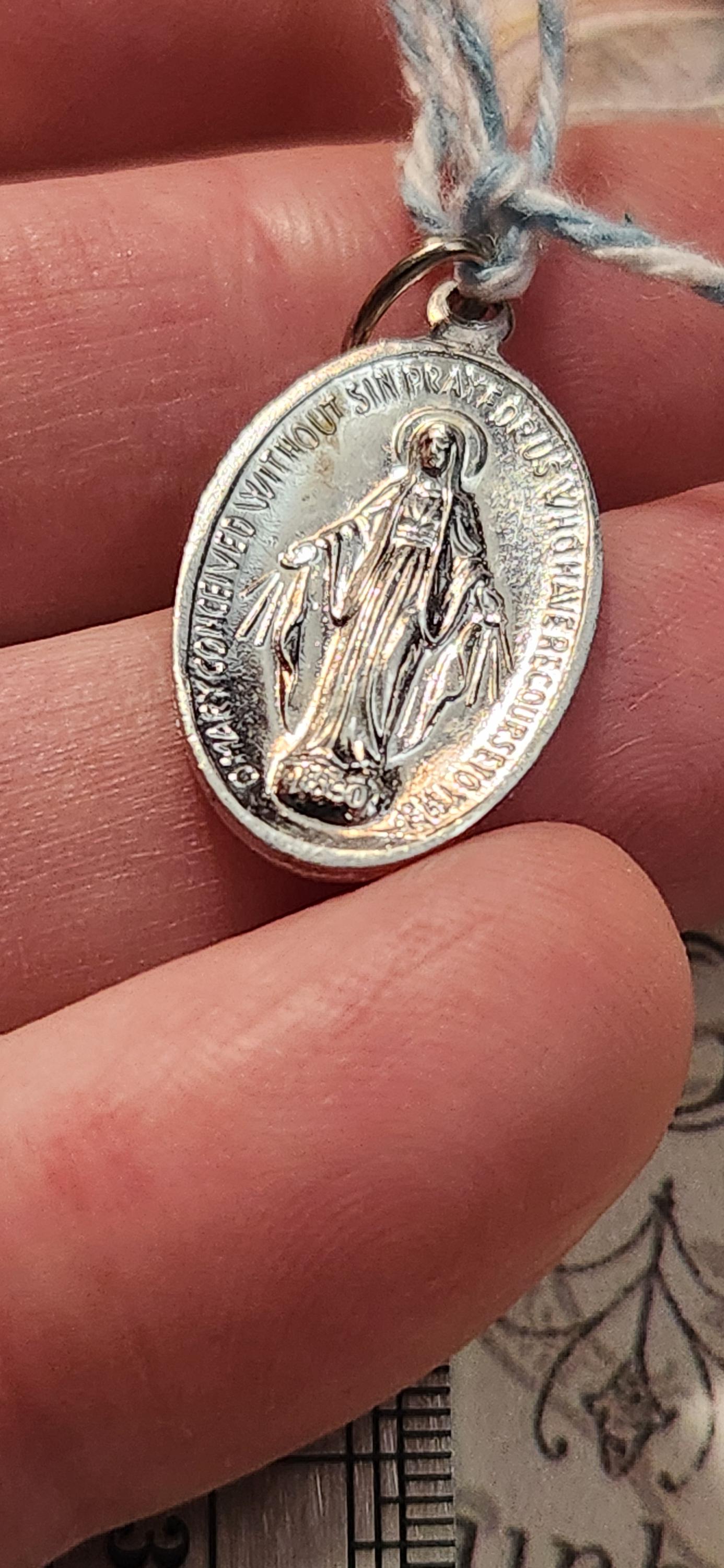 Vintage Our Lady of Grace Miraculous Medal Aluminum Italy Blue Yellow ...