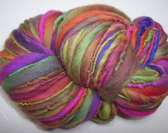 Forest Flowers handspun handpainted yarn purple, pink, chartreuse, gold 4.3 ounce 94 yards wool super bulky thick thin single ply