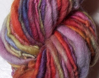 Autumn Aster handspun hand painted Two Sisters Yarn pink purple gold 3.4oz 45yd wool chunky thick thin single ply quick beginner weaving rug