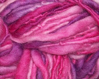 Raspberry Cream handspun hand painted Two Sisters Yarn pink 3.8 oz 64 yd wool chunky thick thin single ply quick beginner weaving rug