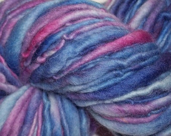 Moonlit Iris handspun hand painted Two Sisters Yarn pink 3.6 oz 65 yd wool chunky thick thin single ply quick beginner weaving rug