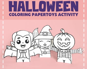 Halloween Papercraft Coloring Activity: Dracula, Pumpkin, Witch (Digital Download)