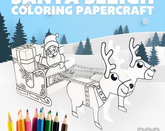 Santa Sleigh Christmas Coloring Papercraft Activity Template Papertoy Digital Download