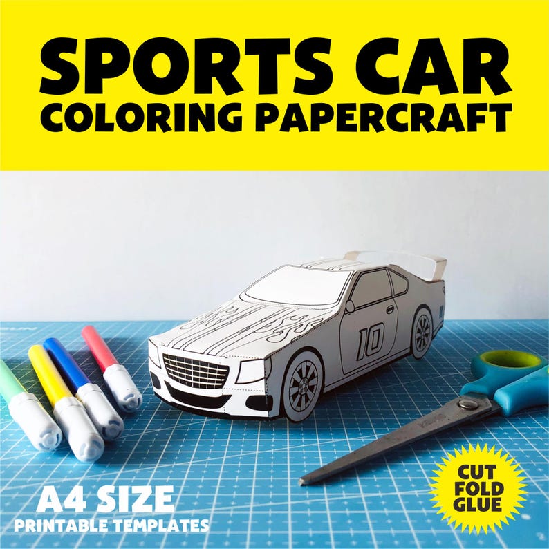 Printable Sports Car Paper Craft Kit: Cut and Coloring Activity ...