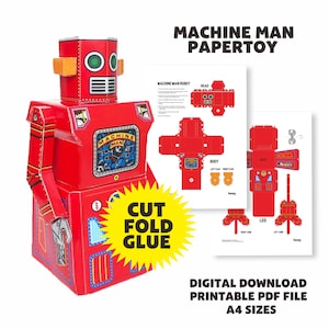 Robot vintage de papel / Robot de papel de hombre máquina / Kit de manualidades de robot retro para hacer uno mismo / Plantilla de manualidades de robot imprimible / Robot de descarga instantánea