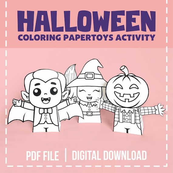 Halloween Papercraft Coloring Activity: Dracula, Pumpkin, Witch (Digital Download)