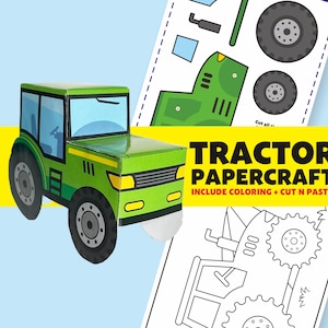 Może przedstawiać: Zielony traktor do wydrukowania i złożenia. Traktor ma kabinę, koła i grill. Wzór do wydrukowania zawiera instrukcje cięcia, kolorowania i klejenia, aby stworzyć model 3D.