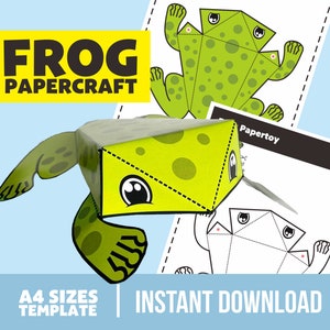 May include: A printable papercraft template of a green frog with black eyes. The template includes a colored version and a black and white version. The text "Frog Papercraft" is at the top of the image. The text "A4 Sizes Template" is at the bottom left of the image. The text "Instant Download" is at the bottom right of the image.