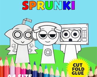 Dibujos para colorear de personajes originales de Sprunki y Retake: Manualidades de papel para niños, tamaño A4 (descarga digital en PDF)