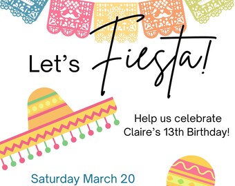 Op de afbeelding: Een kleurrijke uitnodiging voor een Fiesta-feest ter ere van Claire's 13e verjaardag. De uitnodiging bevat een sombrero, maracas en feestelijke papieren vlaggetjes. Het feest is gepland op zaterdag 20 maart van 15:00 tot 17:00 uur bij Claire. RSVP naar Rebecca vóór 13 maart op 123-456-7890.
