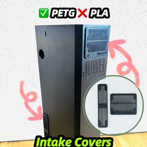 Op de afbeelding: Zwarte inlaatdeksels compatibel met Juwel Bioflow filters. De deksels zijn gemaakt van PETG en PLA plastic. De afbeelding toont de deksels naast een Juwel Bioflow filter.