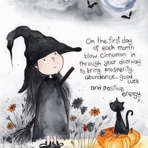 Impresión A4 de la bruja Elowyn y el gato Boo ~ arte de brujas - linda impresión de brujas ~ Halloween