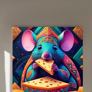 May include: A colorful illustration of a blue mouse wearing a crown and eating a large piece of cheese. The mouse is surrounded by geometric shapes and patterns.