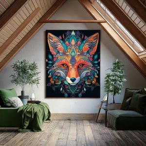 May include: A colorful, abstract fox head illustration with intricate patterns and details. The fox is depicted in shades of orange, blue, green, and purple against a dark background.