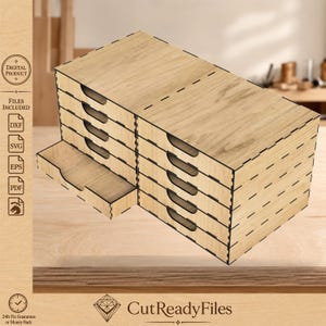 May include: A wooden organizer with six pull-out drawers, plus one separate drawer. The drawers have a curved cutout for easy opening. The wood has a light, natural finish. The text "DIGITAL PRODUCT" and "FILES INCLUDED" are visible.