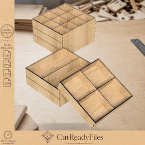 May include: Wooden storage boxes with multiple compartments, suitable for organizing small items. The boxes are made of light-coloured wood with dark edges. The image includes the text "DIGITAL PRODUCT" and "FILES INCLUDED".