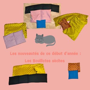 Könnte beinhalten: Sortiment an gelben, braunen und blauen Heizkissen aus Stoff. Die Kissen sind in verschiedenen Größen und Formen. Der Text "Les nouveautés de ce début d'année : Les Bouillottes sèches" ist im Bild sichtbar.