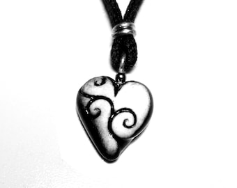 Heart necklace with vines. One of a Kind. Black and White.