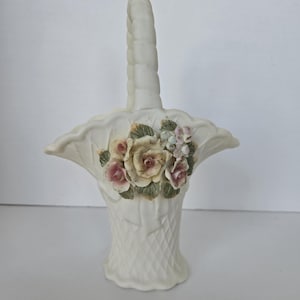 Vintage Porcelain Floral Basket – Hand-Painted Flowers – Shabby Chic Decor – Cottagecore Decorative Basket – Made in China
