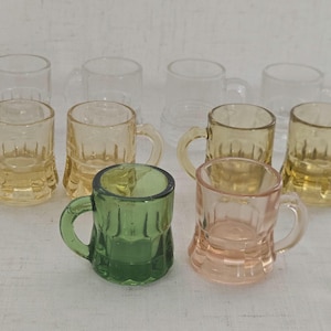 Set of 10 Vintage Mini Glass Mug Shot Glasses, Amber Pink Green Clear Federal Toothpick Sampler Lot, Mid Century Retro Rainbow Barware