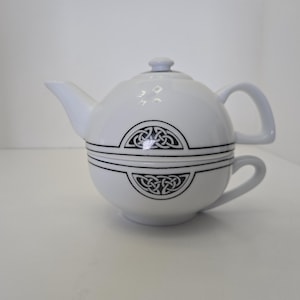 Celtic Knot Tea for One Set  Teapot and  Cup Stackable  Black & White Porcelain