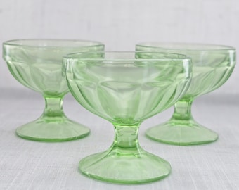 Art Deco Green Depression Glass Sherbet Cups Vintage Pedestal Glasses Set of 3 Cottagecore Tableware