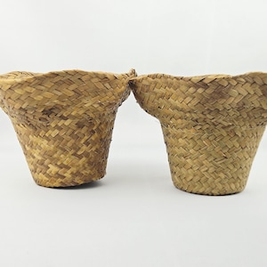 Puede incluir: Dos cestas trenzadas a juego hechas de fibras vegetales secas naturales. Cada cesta presenta una base cilíndrica cónica que se ensancha hacia la parte superior, terminada con un borde ondulado y festoneado con un patrón de tejido diagonal.