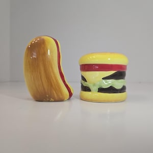 Hot Dog and Hamburger Salt And Pepper Shakers, Hand Painted Ceramic Kitchen Decor
