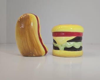 Hot Dog and Hamburger Salt And Pepper Shakers, Hand Painted Ceramic Kitchen Decor