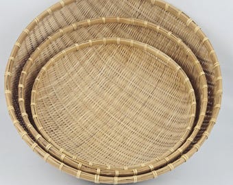 Vintage Woven Bamboo Nesting Baskets Set of 3 | Large Rattan Bowls | Made in China