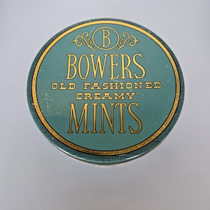 Vintage Bowers ouderwets romige pepermuntjesblik | Retro snoepblik | Jaren 1940-1950 Earle S. Powers Co.