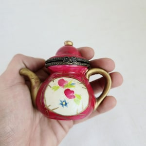 Miniature Porcelain Teapot Trinket Box Red Floral Gold Hinged Jewelry Box Limoges Style Tiny Tea Pot Collectible Decor