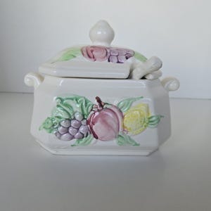 Vintage Ceramic Soup Tureen with Ladle, Fruit Pattern Soup Server, Retro Kitchen Serving Dish, 1950s-1960s