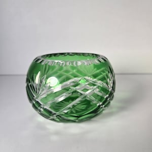 Vintage Fifth Avenue Crystal Green Cut to Clear Votive Holder – Fan Cut Glass Tealight Bowl – 1980s Emerald Green Candle Holder