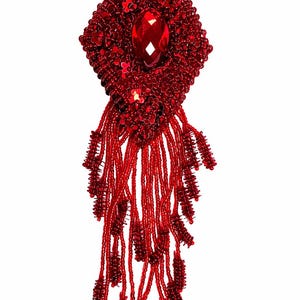 Magdansapplikation med röda strassfransar | Applikation för BH-bälte för kostym | Handgjord pärlkant