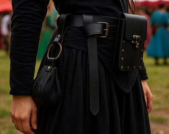 Medieval Leather Waist Belt Pouch Set with Metal Rings for Cosplay LARP Handcrafted Floral Leather Belt With O Rings for Fantasy  main image 3