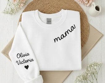 Sudadera de cuello redondo "Mamá Est. 2026", sudadera bordada personalizada, sudadera con nombres de niños personalizados en la manga, regalo único para el Día de la Madre
