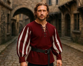 Túnica de guerrero medieval para hombre, túnica pirata renacentista de Ren Faire, camisa de lansquenetes alemanes, camisa de encaje vikinga para LARP, túnica de cosplay de Halloween