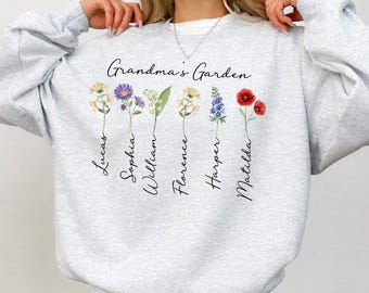 Sudadera personalizada para abuela con diseño de jardín, sudadera botánica de cuello redondo para abuela, sudadera personalizada con nombre y flor de nacimiento para niños, regalo para el Día de la Madre 2026