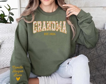 Sudadera personalizada bordada para abuela, sudadera personalizada con nombre infantil Est 2026, sudadera floral de cuello redondo para abuela, regalo para el Día de la Madre 2026