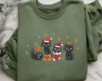 Christmas Cat Embroidered Sweatshirt, Happy Cat Santa Hat Sweatshirt, Cute Cat Christmas Crewneck Sweatshirt, Holiday Cat Lover Xmas Sweater