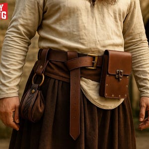 Può includere: Cintura in pelle marrone con una tasca e una piccola borsa. La cintura ha una fibbia color oro e una tasca in pelle abbinata con una chiusura. La borsa è attaccata alla cintura con un anello di metallo.