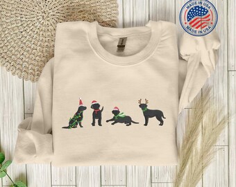 Embroidered Black Lab Sweatshirt, Unisex Dog Lover Matching Sweater, Christmas Family Holiday Santa Hat Reindeer Sweater, Christmas Gifts